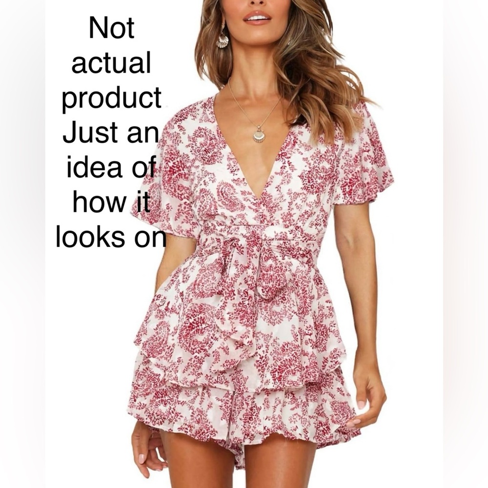 28. Floral V Neck Short Sleeve Waist Tie Double Layer Ruffle Hem Romper In XL - Picture 8 of 9